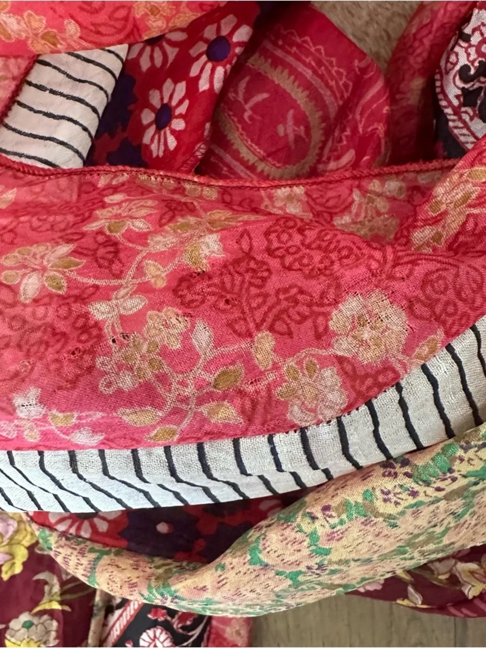 Vintage Patchwork Crinkle Floral Print Oblong 100% Silk Scarf 74